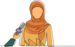 Single one line drawing interview with young Arabian girl. Digital journalism. News conference world live tv hands of journalists microphones interview. Continuous line draw design graphic png