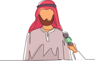 Single continuous line drawing Arab businessman giving interview in presence of journalists with microphones. Man gives comments, opinions for breaking news. One line draw design illustration png