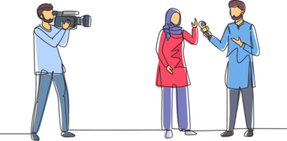 Single continuous line drawing Arabic journalist, operator interview television program, news. TV host, reporter, cameraman questioning woman. Video recording. One line draw design illustration png
