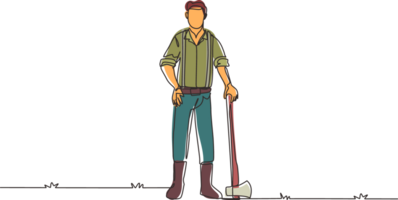 Célibataire un ligne dessin bûcheron avec hache permanent portant jarretelle chemise, jeans et bottes. bûcheron pose sur le enregistrement forêt. moderne continu ligne dessiner conception graphique illustration png