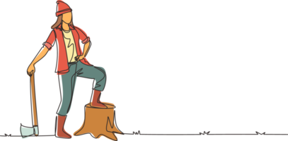 Single one line drawing woman lumberjack wearing plaid shirt, jeans, boots and beanie hat. Standing with ax and posing with one foot on a tree stump. Continuous line draw design illustration png