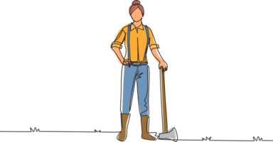 Single one line drawing woman lumberjack with axe standing wearing suspender shirt, jeans and boots. Female woodcutter pose on logging forest. Continuous line draw design graphic illustration png