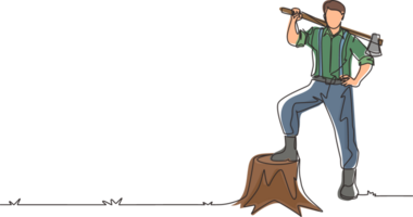 Single one line drawing smiling lumberjack wearing shirt, jeans and boots. Holding on his shoulder a ax posing with one foot on a tree stump. Continuous line draw design graphic illustration png