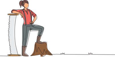 Continuous one line drawing beautiful woman lumberjack wearing suspender shirt, standing with big steel saw, posing with one foot on a tree stump. Single line draw design graphic illustration png