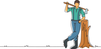 Single one line drawing lumberjack lean on the wood log. Wearing shirt, jeans and boots. Holding on his shoulder an ax. Lumberjack pose on the logging forest. Continuous line draw design graphic png