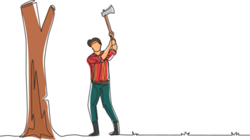 Single continuous line drawing lumberjack with an ax chopping wood. Woodcutter chopping tree with axe. Wearing shirt, jeans and boots. Man with ax in his hands cuts tree. One line draw design png