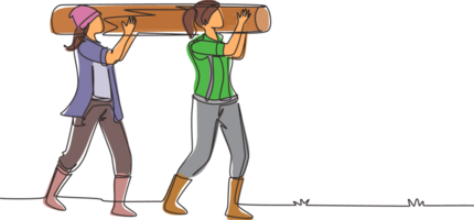 Single one line drawing couple of woman lumberjack laborers carrying heavy wooden log on shoulders. Female woodcutters working in wood logging industry. Continuous line draw design illustration png