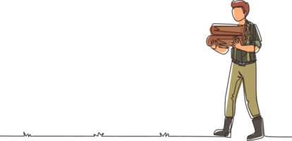 Single kontinuierlich Linie Zeichnung stark Holzfäller mit Bart im Plaid Shirt, Jeans und Stiefel, halten Stapel von Brennholz im Hände. Holzfäller, Wald Arbeiter. einer Linie zeichnen Design Illustration png