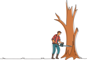 Continuous one line drawing logger sawing log and tree in forest. Wood industry worker with saw in hands. Lumberjack cut timberwood, woodcutter occupation. Single line draw design illustration png