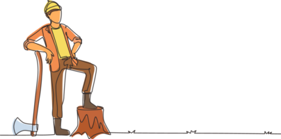 Single continuous line drawing smiling lumberjack wearing workwear and beanie hat, standing with axe and posing with one foot on a tree stump. Dynamic one line draw graphic design illustration png