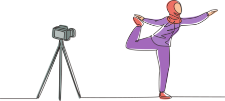 Single continuous line drawing Arab woman blogger in hijab sportswear shoots video on camera doing exercises at home. Fitness vlogger live broadcast of training session. One line draw design png