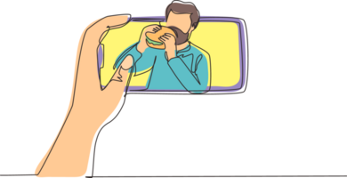 Single one line drawing Arab male food blogger eating burger while creating new video stream for his channel with smartphone. Food concept. Gastronomy. Continuous line draw design illustration png