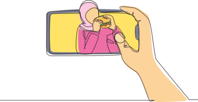 Single continuous line drawing Arab woman food blogger eating burger while creating new content video for her channel by using smartphone. Food review blogger. One line draw design illustration png