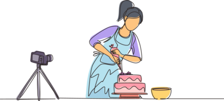 Single continuous line drawing girl baking and decorating cake at kitchen. Woman blogger recording video on camera, using tripod, posting it on social media. One line draw design illustration png