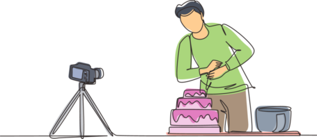 Single continuous line drawing influencer or food blogger creating content. Man shooting cooking video using camera on tripod. Chef baking and decorating cake at kitchen. One line draw design png