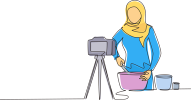 contínuo 1 linha desenhando árabe mulher preparando sobremesa às cozinha, mexendo massa com espátula. cozinhando viver transmissão. blogueiro prepara refeição on-line. solteiro linha desenhar Projeto ilustração png