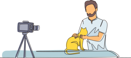 Continuous one line drawing teenage pet blogger. Arabian teen boy with cat recording video on camera. Hobbies and leisure, blogging about pet, animal lover. Single line draw design illustration png