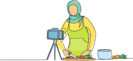 Continuous one line drawing food blogger. Chef cooking, recording video using camera. Online channel, streaming. Arab woman teaches cooking new recipe. Culinary show. Single line draw design png