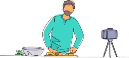 Continuous one line drawing Arabian chef standing in kitchen and cutting onion while filming himself for blog. On kitchen counter are vegetables and spices. Single line draw design illustration png