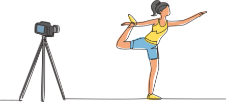 Continuous one line drawing woman blogger in sportswear shoots video on camera doing exercises at home. Fitness vlogger live broadcast of training session. Single line draw design illustration png