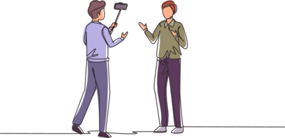 Single continuous line drawing presenter filming video blog with an operator on the street. Man bloggers, journalists filming with professional smartphone and videographer. One line draw design png