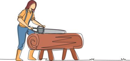 Single continuous line drawing sawmill concept. Professional woman lumberjack cutting tree by chainsaw for further processing. Global deforestation. One line draw design graphic illustration png