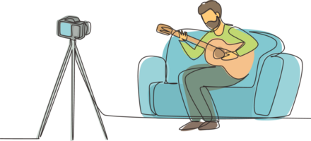 Single one line drawing Arabic man recording video of his playing guitar by camera on tripod. Male vlogger influencer performing music for show to streaming digital. Continuous line draw design png