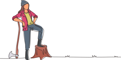 Continuous one line drawing beautiful woman lumberjack wearing workwear and beanie hat, standing with axe and posing with one foot on a tree stump. Single line draw design graphic illustration png