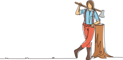 Single continuous line drawing woman lumberjack lean on wood log. Wearing shirt, jeans and boots. Holding on her shoulder a ax. Female lumberjack pose on logging forest. One line draw design png