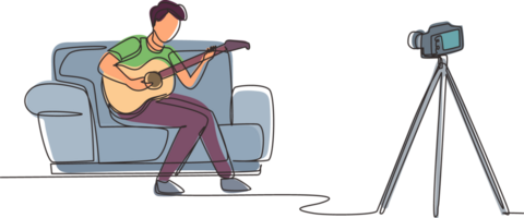 Single continuous line drawing man recording video clip of his playing guitar by camera on tripod. Male vlogger influencer performing music for show to streaming digital. One line draw design png