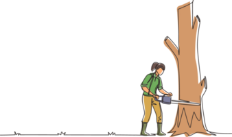 continuo uno línea dibujo mujer registrador aserradura Iniciar sesión y árbol en bosque. madera industria trabajador con Sierra en manos. hembra leñador cortar madera de madera, leñador ocupación. soltero línea dibujar diseño png