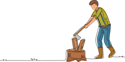 Continuous one line drawing woodman or lumberman in checkered shirt and sling pants chopping wood with ax on tree stump. Man with ax in his hands cuts tree. Single line draw design illustration png