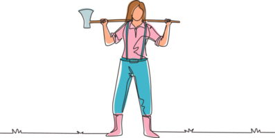 Single continuous line drawing pretty woman lumberjack in plaid shirt, jeans with belt, leather boots holding on her shoulder a ax with long wooden handle. One line draw design illustration png