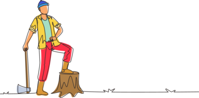 Single continuous line drawing lumberjack wearing plaid shirt, jeans, boots and beanie hat. Standing with ax and posing with one foot on a tree stump. One line draw graphic design illustration png
