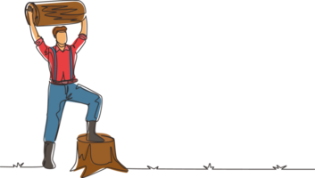 Single one line drawing smiling lumberjack man holding downed log. Wearing suspender shirt, jeans and boots, posing with one foot on tree stump. Continuous line draw design graphic illustration png