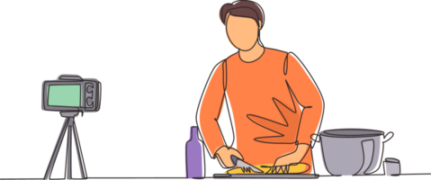 Single one line drawing chef in uniform standing in kitchen and cutting onion while filming himself for blog. On kitchen counter are vegetables, spices. Continuous line draw design illustration png