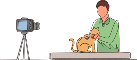 Single one line drawing teenage pet blogger. Teen boy with cat recording video on camera. Hobbies and leisure, blogging about pet, animal lover. Continuous line draw design graphic illustration png