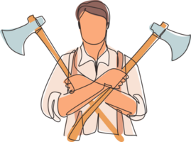 Single continuous line drawing lumberjack holding two axes crossed. Crossed axes, crossed firefighter axe, fireman axe, Hatchet for carpentry tools. One line draw graphic design illustration png