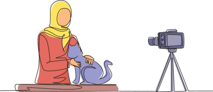 Single kontinuierlich Linie Zeichnung arabisch Tierarzt Blogger Sitzung im Vorderseite von Kamera mit Katzen und Aufzeichnung Video Blog Über Tiere. Zoo Psychologe Erstellen Inhalt zum vlog einer Linie zeichnen Design png