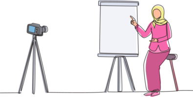 Single continuous line drawing Arabian woman giving presentation to camera doing webinar. Blogging, online training and conferences concept. Camera on tripod. One line draw design illustration png