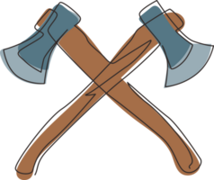 Continuous one line drawing lumberjack axes crossed icon. Crossed axes, crossed firefighter axe, fire service fireman axe, Hatchet in format. Single line draw design graphic illustration png