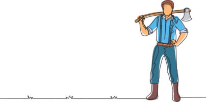 Single one line drawing lumberjack pose on the logging forest. Lumberjack with axe and downed log, standing wearing shirt, jeans and boots. Continuous line draw design graphic illustration png