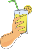 Single continuous line drawing hand holding glass with lemonade fruit juice. Drink made of fresh lemon juice. Juicy water with straw. Relaxing time. One line draw graphic design illustration png