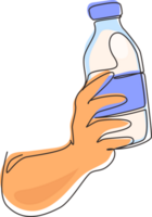 Single continuous line drawing hand holding fresh milk on bottle glass packaging healthy drink product. Fresh milk for health food nutrition. Dynamic one line draw graphic design illustration png