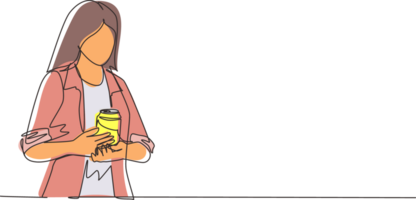 Continuous one line drawing cute young business woman attractive presenting a can of soft drink. Soda refreshment from a can. Single line draw design graphic illustration png