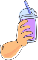 Continuous one line drawing hand holding plastic cup of famous Taiwanese bubble tea. Brown sugar flavor tapioca pearl bubble milk tea with glass straw. Single line draw design illustration png