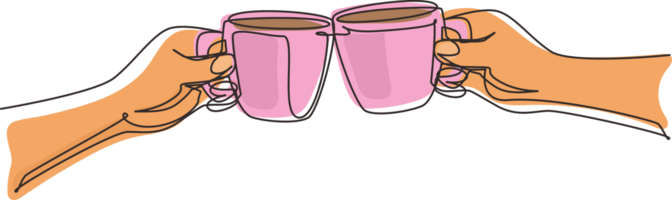 Single continuous line drawing hands with cups of hot coffee or hot tea. Clink glasses with two cups of coffee. Close-up cropped view of two hands holding cup and toast. One line draw design png