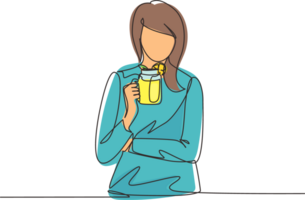 Single one line drawing pretty woman holds mug of fruit-berry lemonade with ice in hand. Young girl wearing shirt having morning breakfast with orange juice. Continuous line draw design graphic png