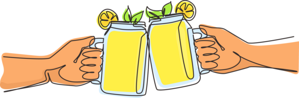 Single kontinuierlich Linie Zeichnung Nahansicht von zwei Hände halten ein Limonade Cocktails im Glas Gläser und Toasten. freundlich hängen aus im Stadt Park. Sommer- Ferien und Picknick. einer Linie zeichnen Design png