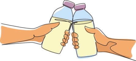 Single one line drawing cheers. Toast with milk. Two hands. Toast with two hand with milk. Bottle of milk. Man and woman enjoying drink together. Healthy lifestyle. Continuous line draw design png